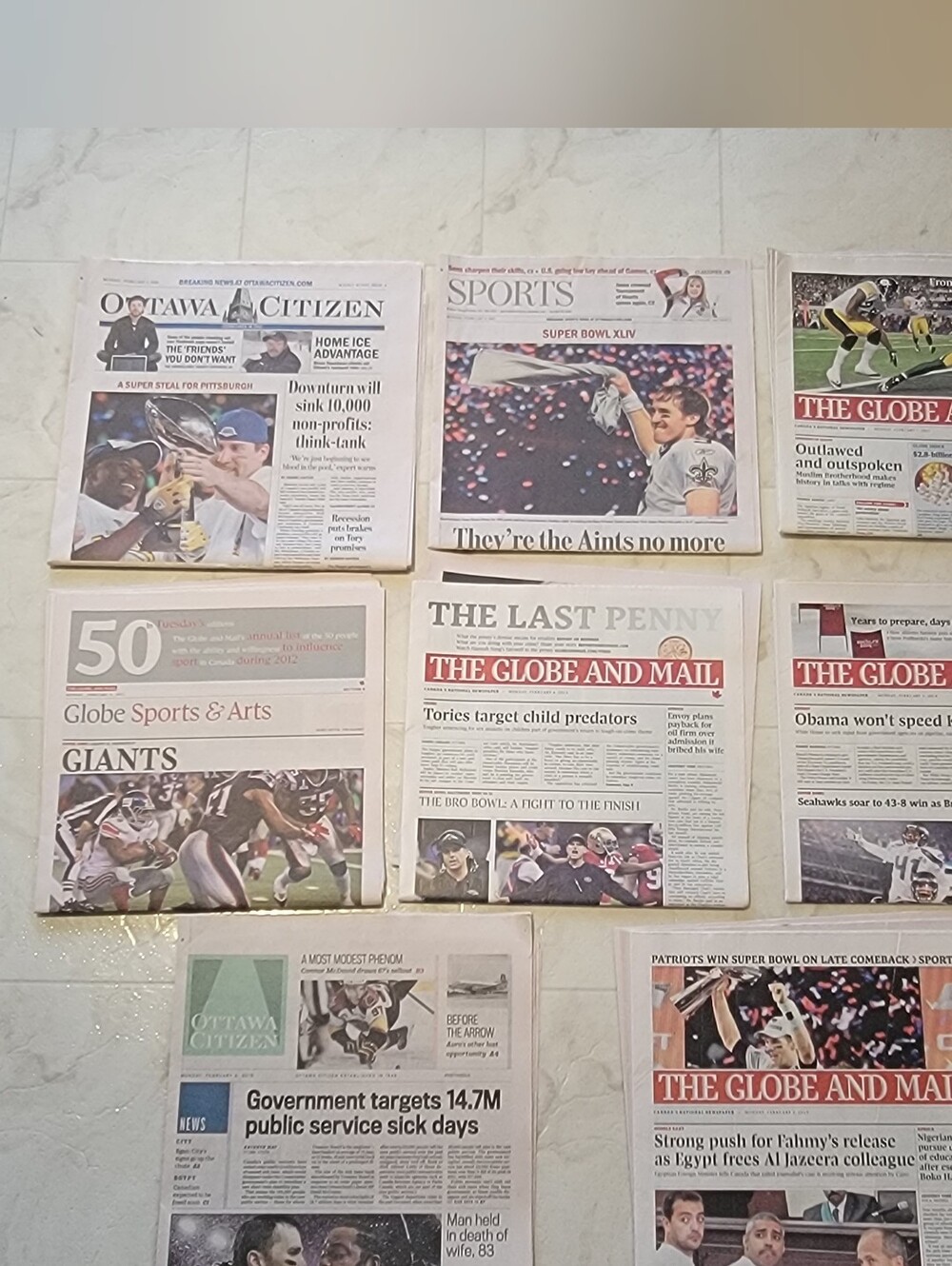 Eight Partial Superbowl Newspapers 2009 to 2015